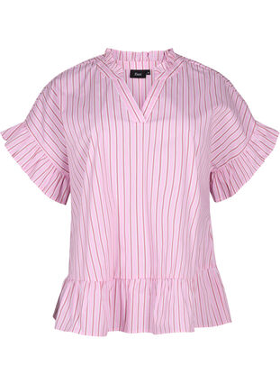 Bluzka w paski z baskinka i marszczeniami, Pink Red Stripe, Packshot image number 0