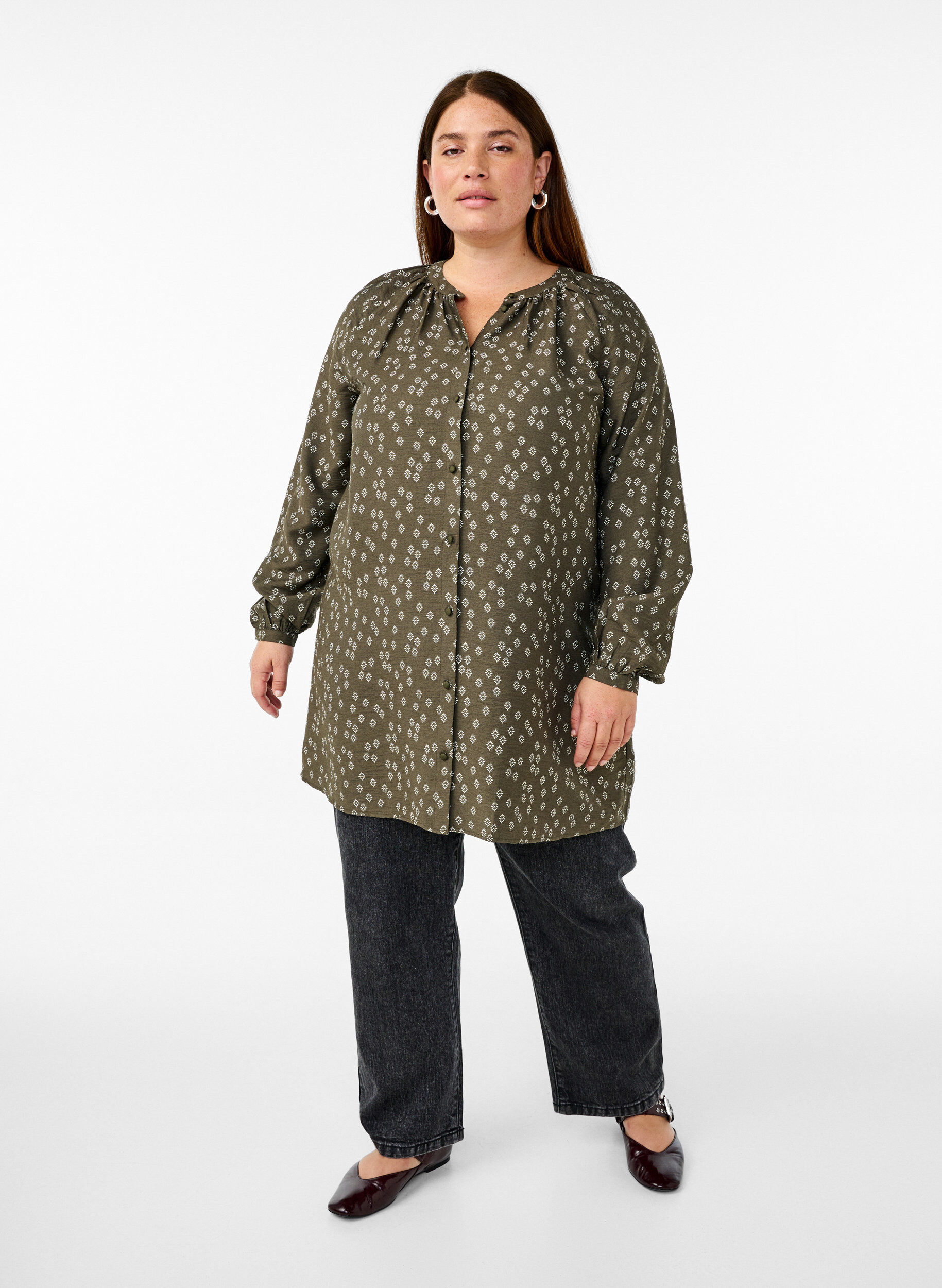 Zizzi Tunika z dlugim rekawem i kwiatowym nadrukiem, Zielony, Model image number 1