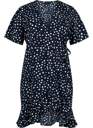 Sukienka kopertowa w kropki z krótkim rekawem, Night Sky Dot, Packshot image number 0