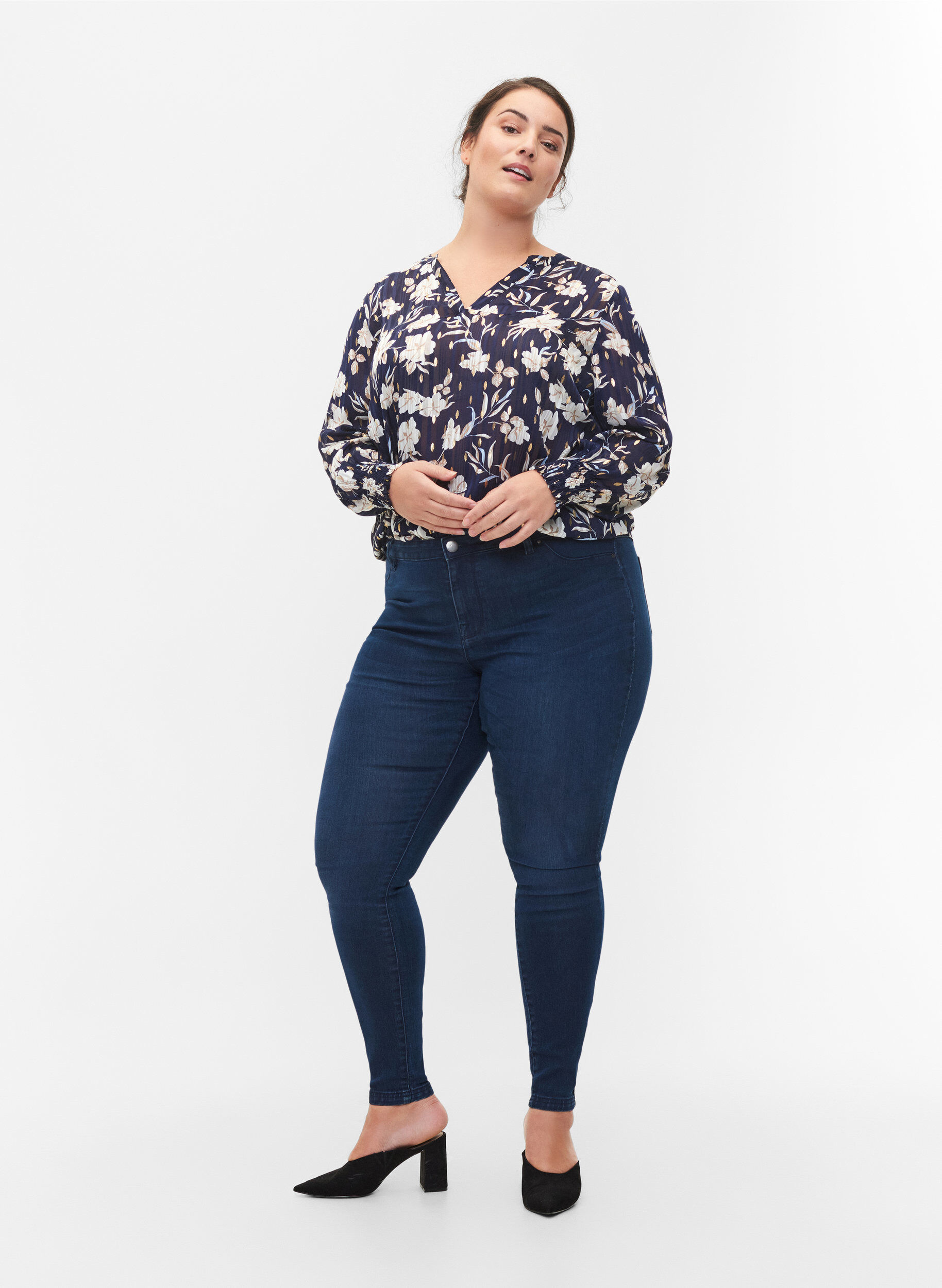 Jegginsy z mieszanki bawelny, Dark blue denim, Model