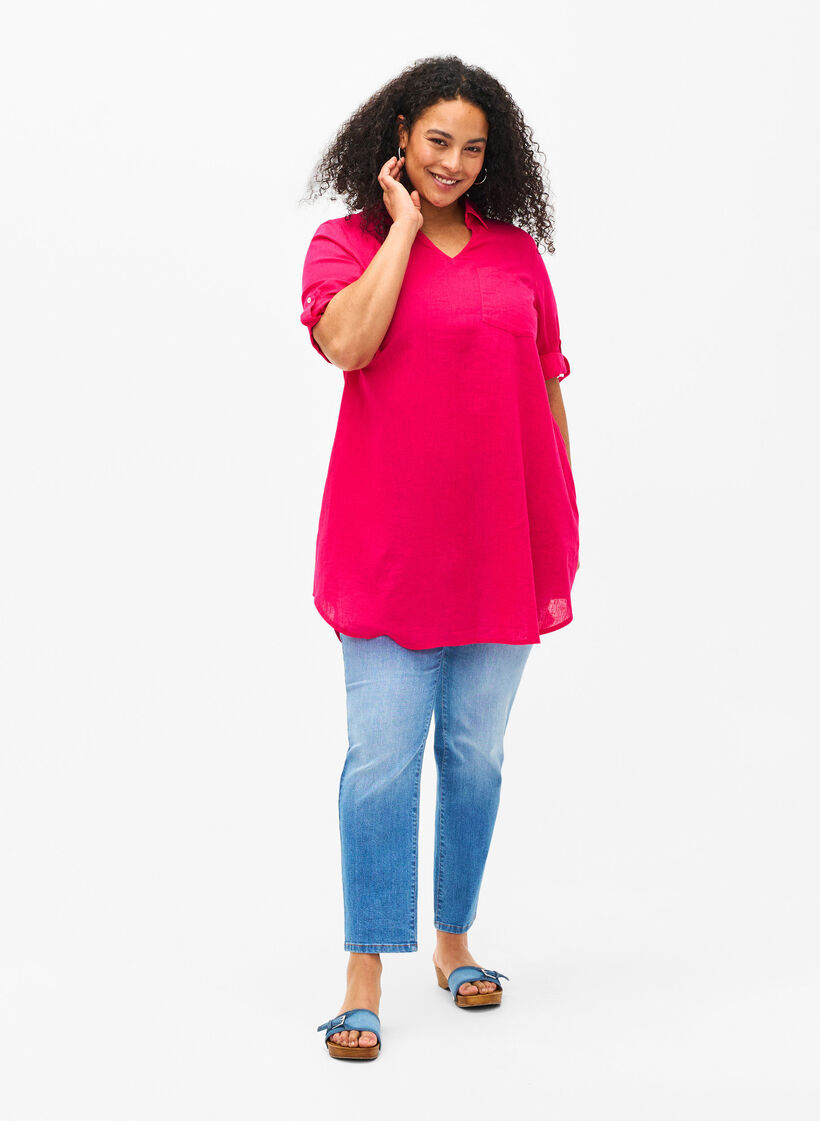 Tunika z krótkim rekawem, wykonana z mieszanki bawelny i lnu, Bright Rose, Model image number 2