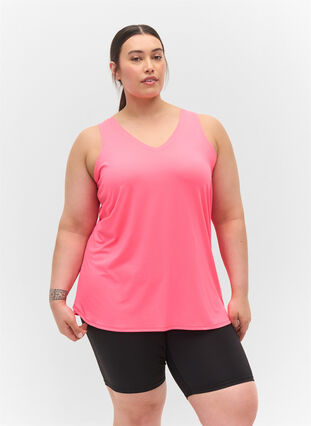 Sportowy top z dekoltem w szpic, Neon pink, Model image number 0