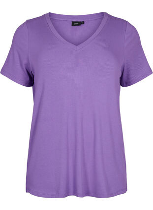 Prazkowany t-shirt z wiskozy z dekoltem w szpic, Deep Lavender, Packshot image number 0