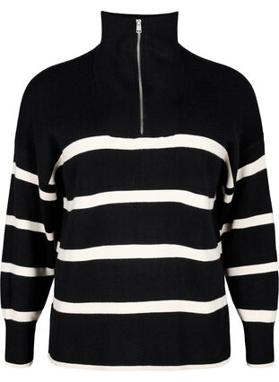 Sweter w paski z wysokim kolnierzem, Black w. Birch, Packshot image number 0