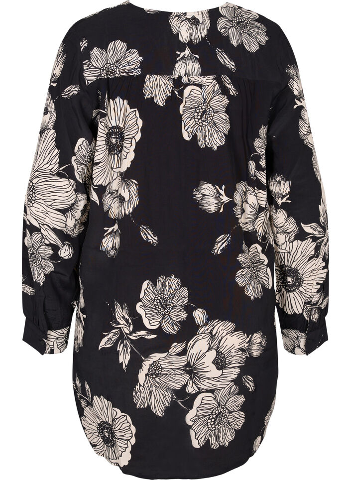 Long floral viscose shirt, Black White AOP, Packshot image number 1