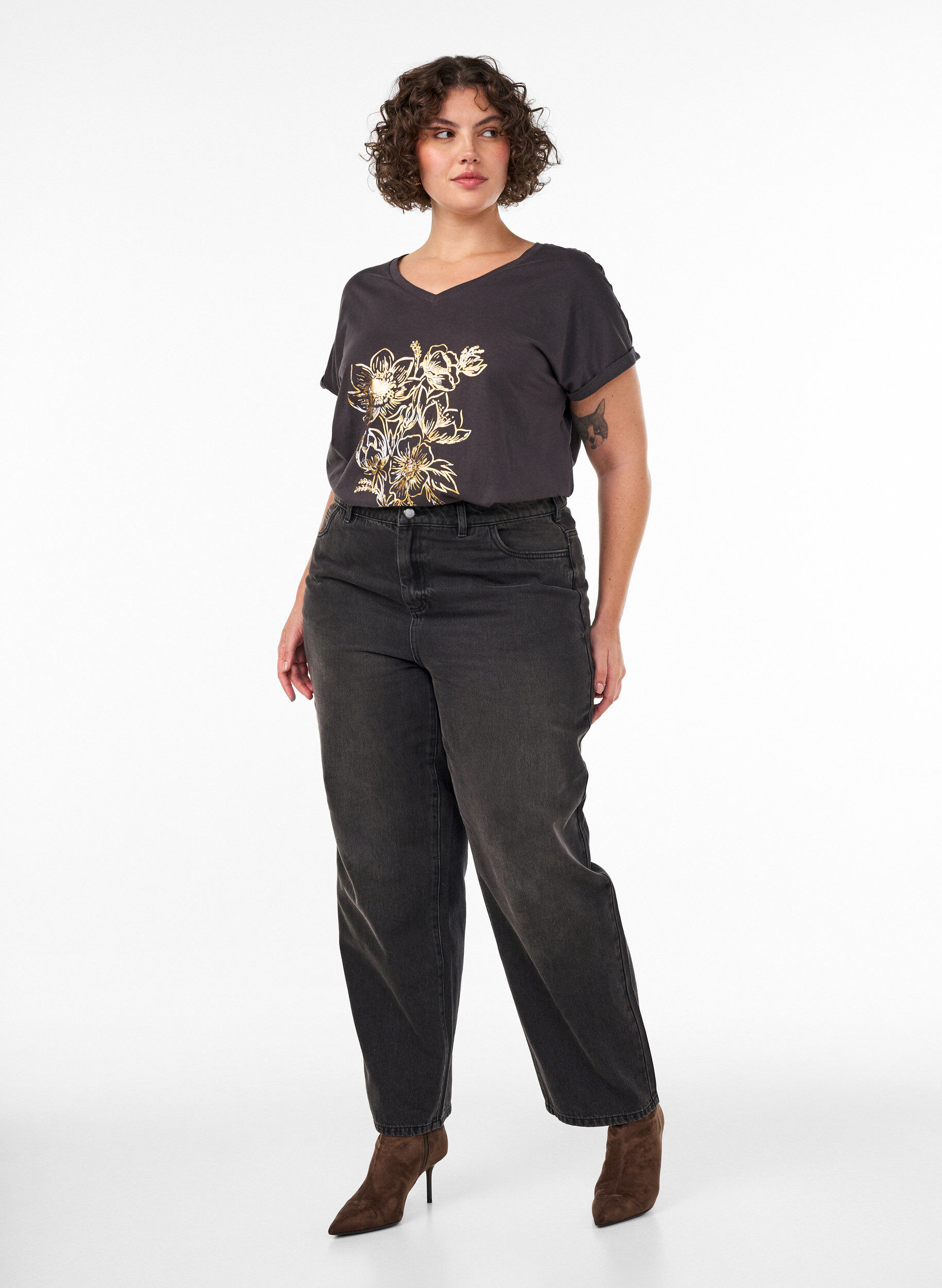 ZizziBawelniany T-shirt z nadrukiem ze zlotej folii, Ciemnoszary, Model image number 1
