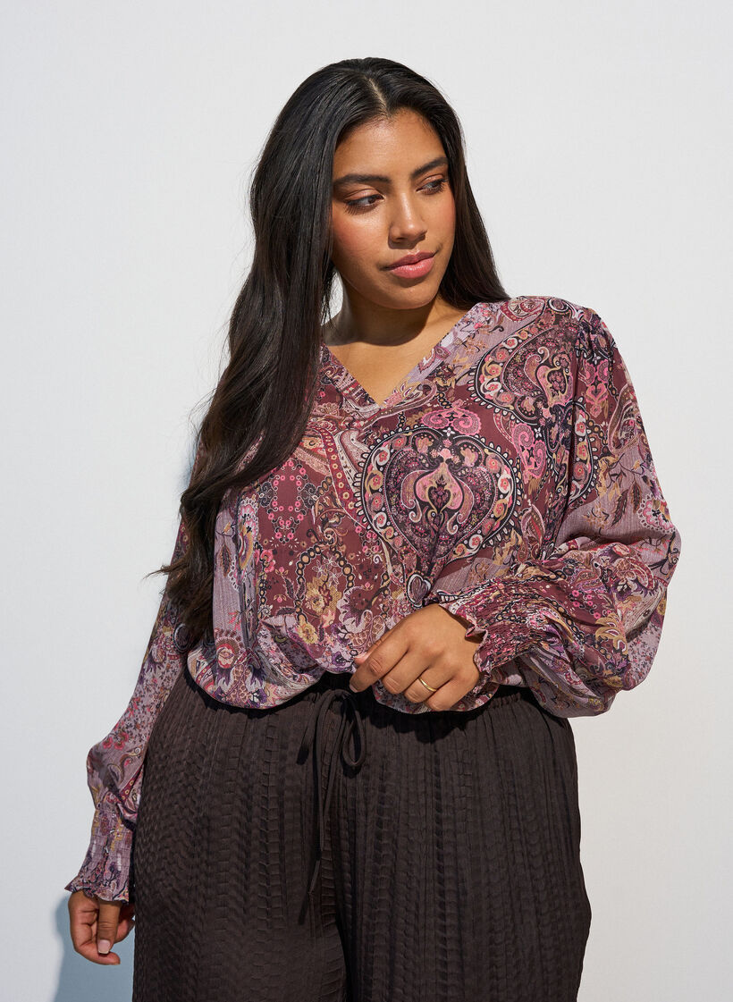Tunika z nadrukiem w stylu paisley i marszczonymi mankietami, R&oacute;żowy, Model image number 0