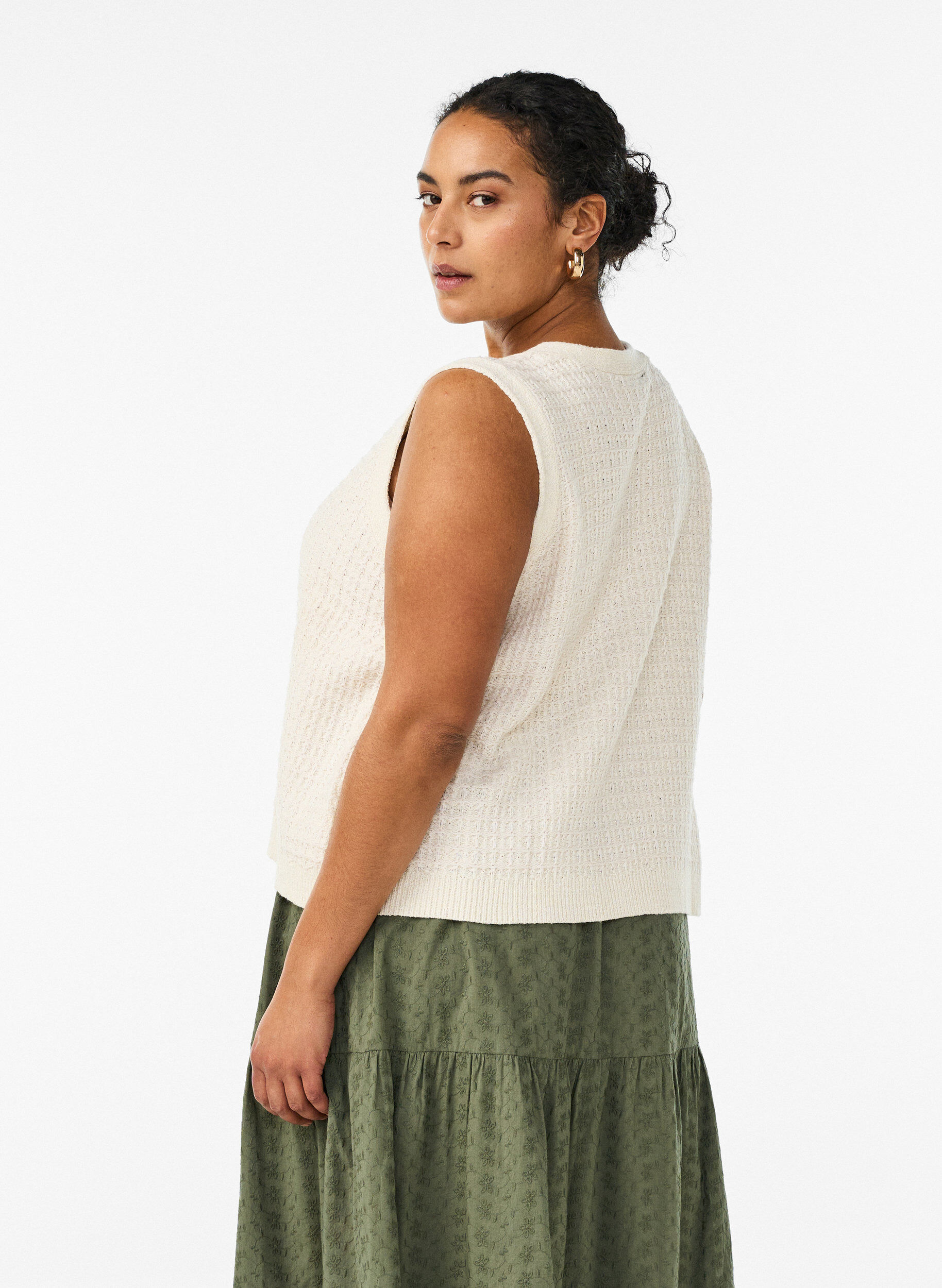 Zizzi Bezrekawnik z dzianiny o fakturze z pasem do wiazania, Biały, Model image number 2