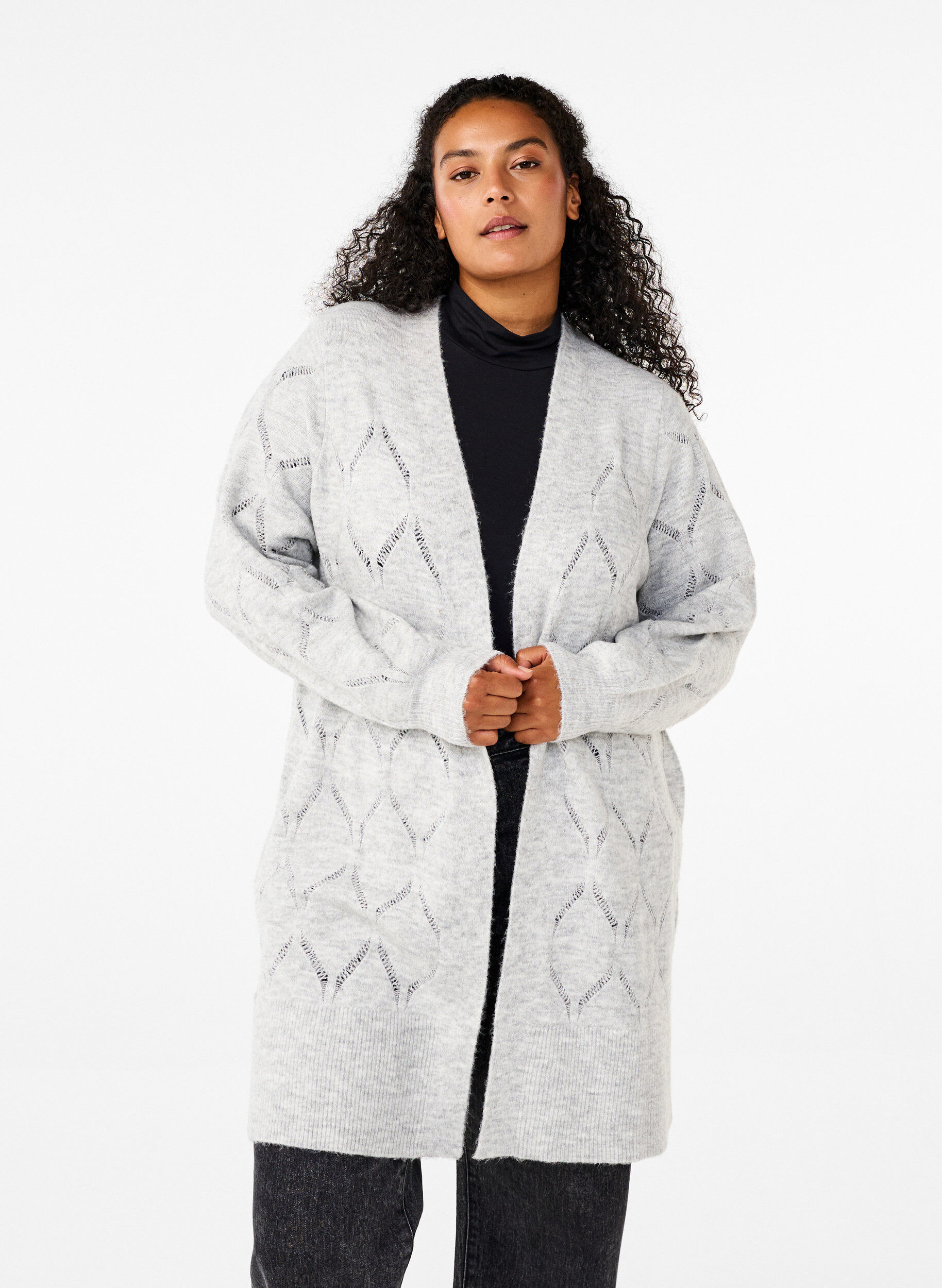 Zizzi Dzianinowy kardigan z dlugim rekawem, Light Grey Melange, Model image number 0