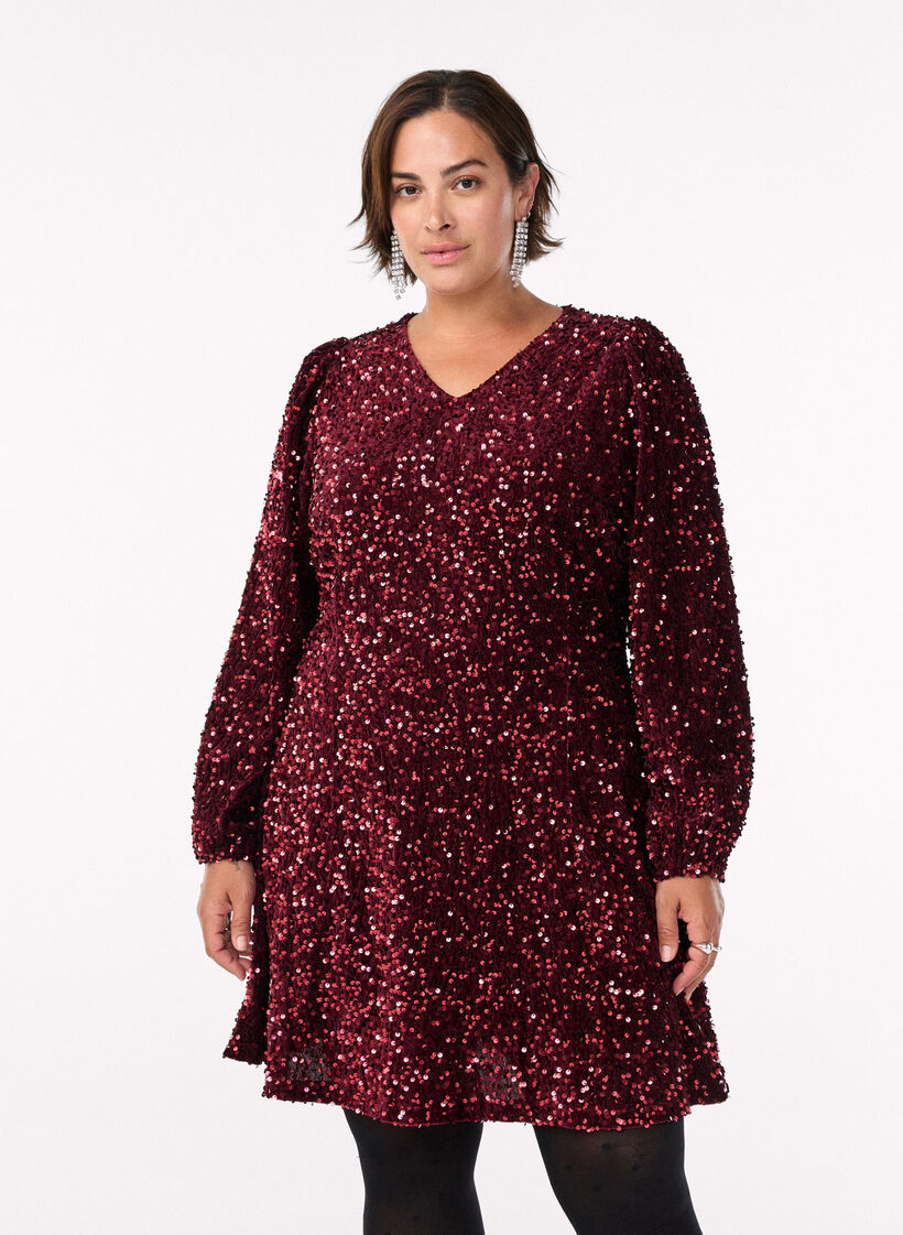 Kr&oacute;tka cekinowa sukienka w ksztalcie trapezu, Czerwony, Model image number 0
