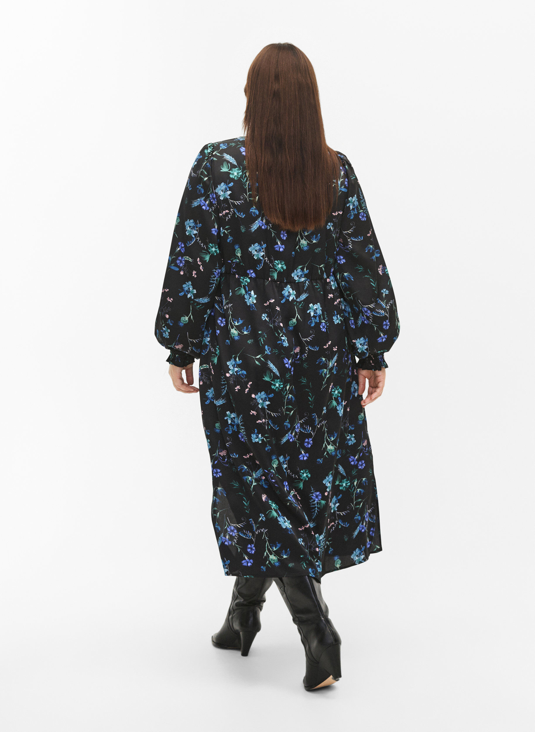 ZizziKwiecista sukienka midi z dlugimi rekawami, Blue Flower AOP, Model image number 1