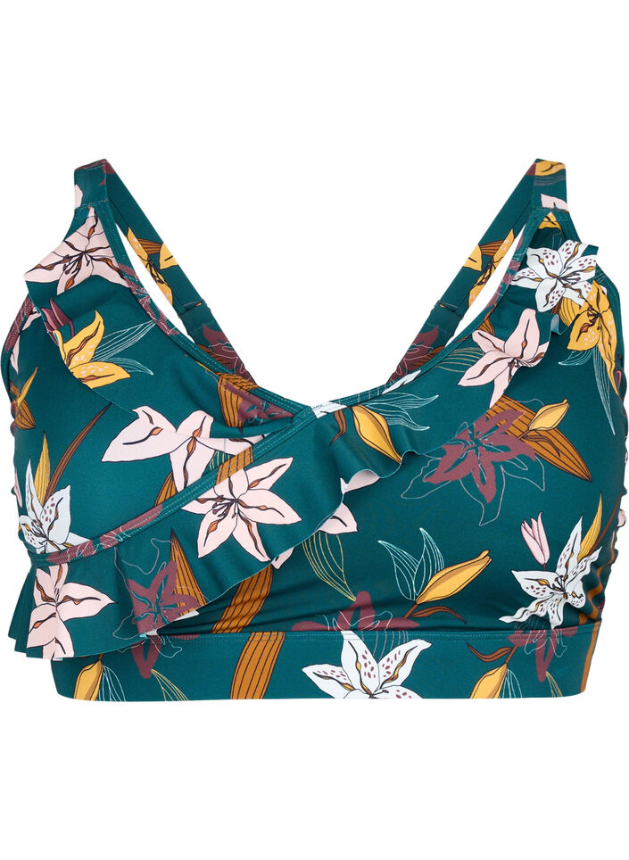 Biustonosz bikini w kwiaty z falbanka, Zielony, Packshot image number 0