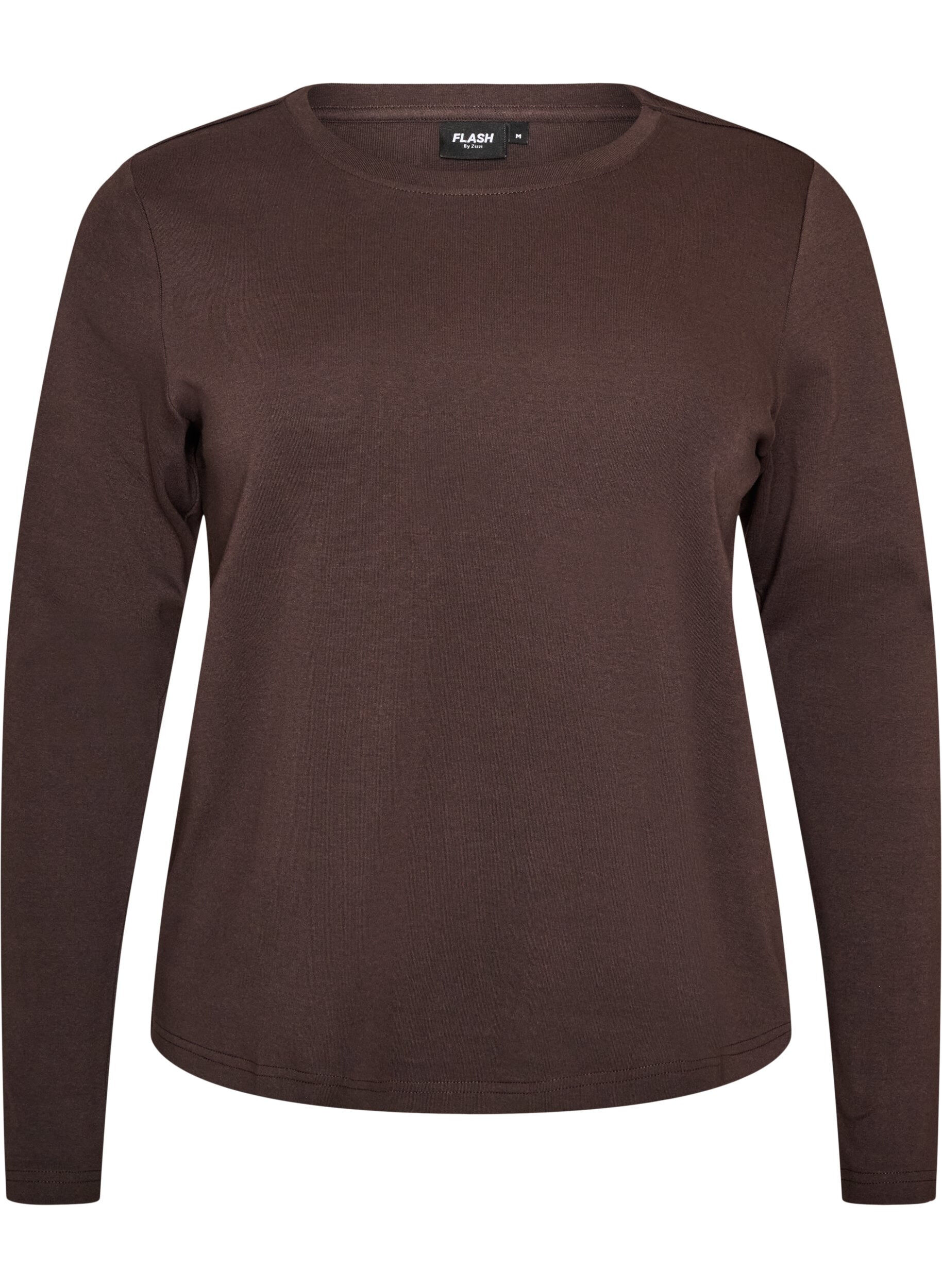 ZizziBasicowy T-shirt z dlugim rekawem i okraglym dekoltem, Brązowy, Packshot image number 0