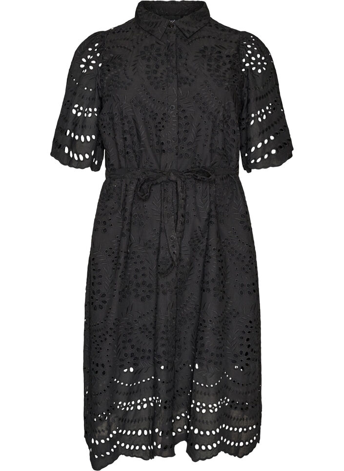 Sukienka-koszulka w stylu broderie anglaise z pasem do wiazania, Czarne, Packshot image number 0