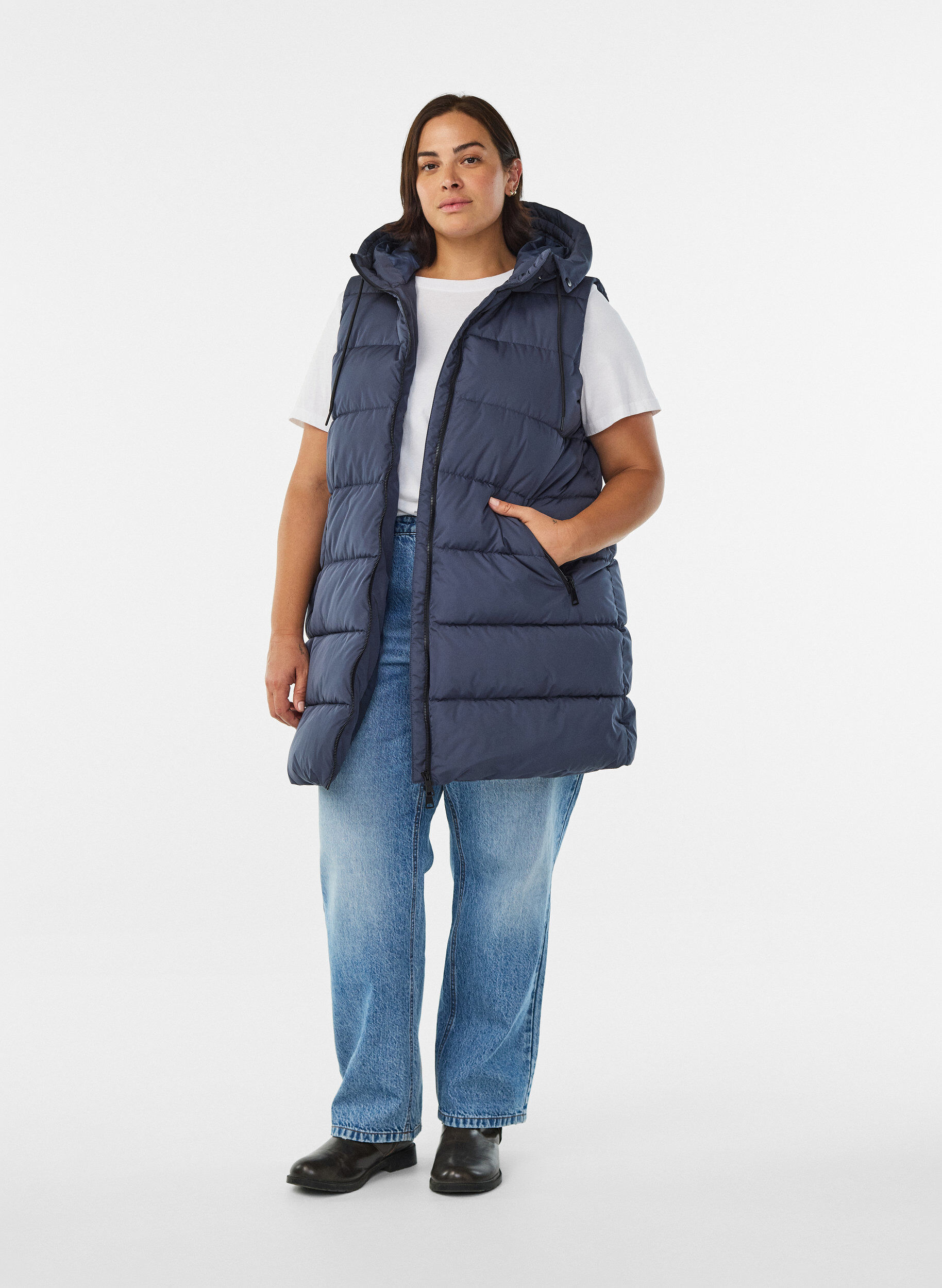 ZizziDluga kamizelka z kapturem i kieszeniami, Niebieskie, Model image number 1