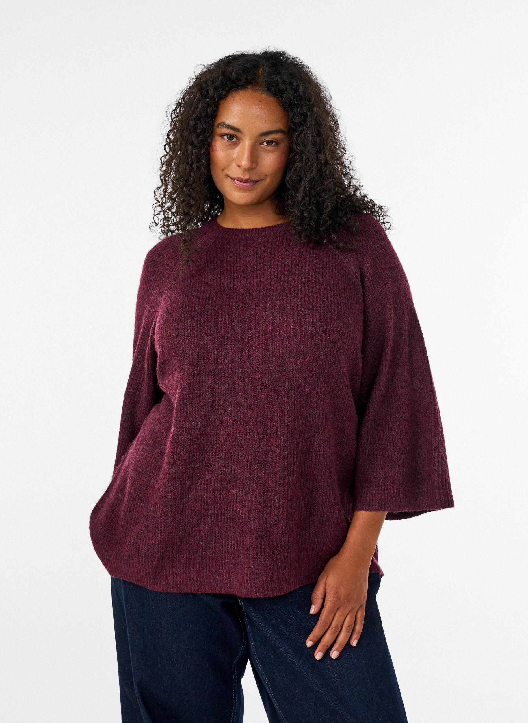 Prazkowany sweter z rekawami 3/4, Czerwony, Model
