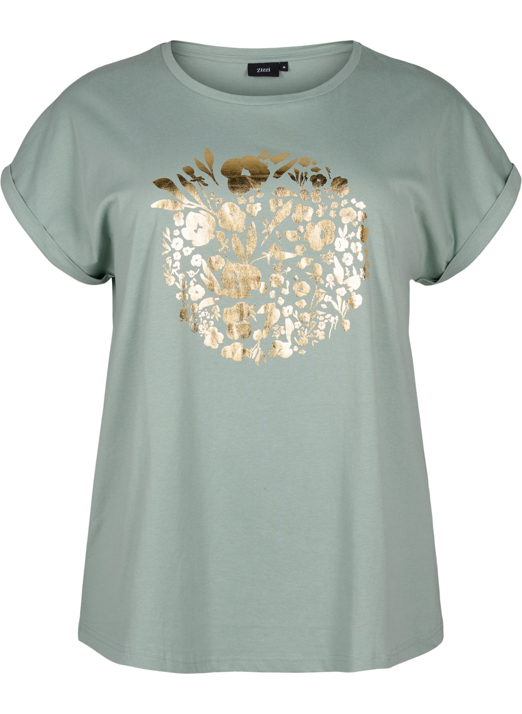 Zizzi T-shirt z organicznej bawelny ze zlotym nadrukiem, Ch.Green Gold Flower, Packshot image number 0