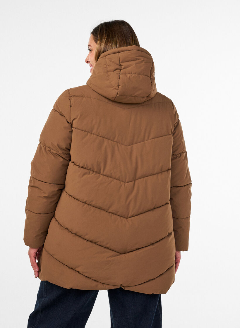 Kurtka puchowa do polowy uda z kapturem, Brązowy, Model image number 2
