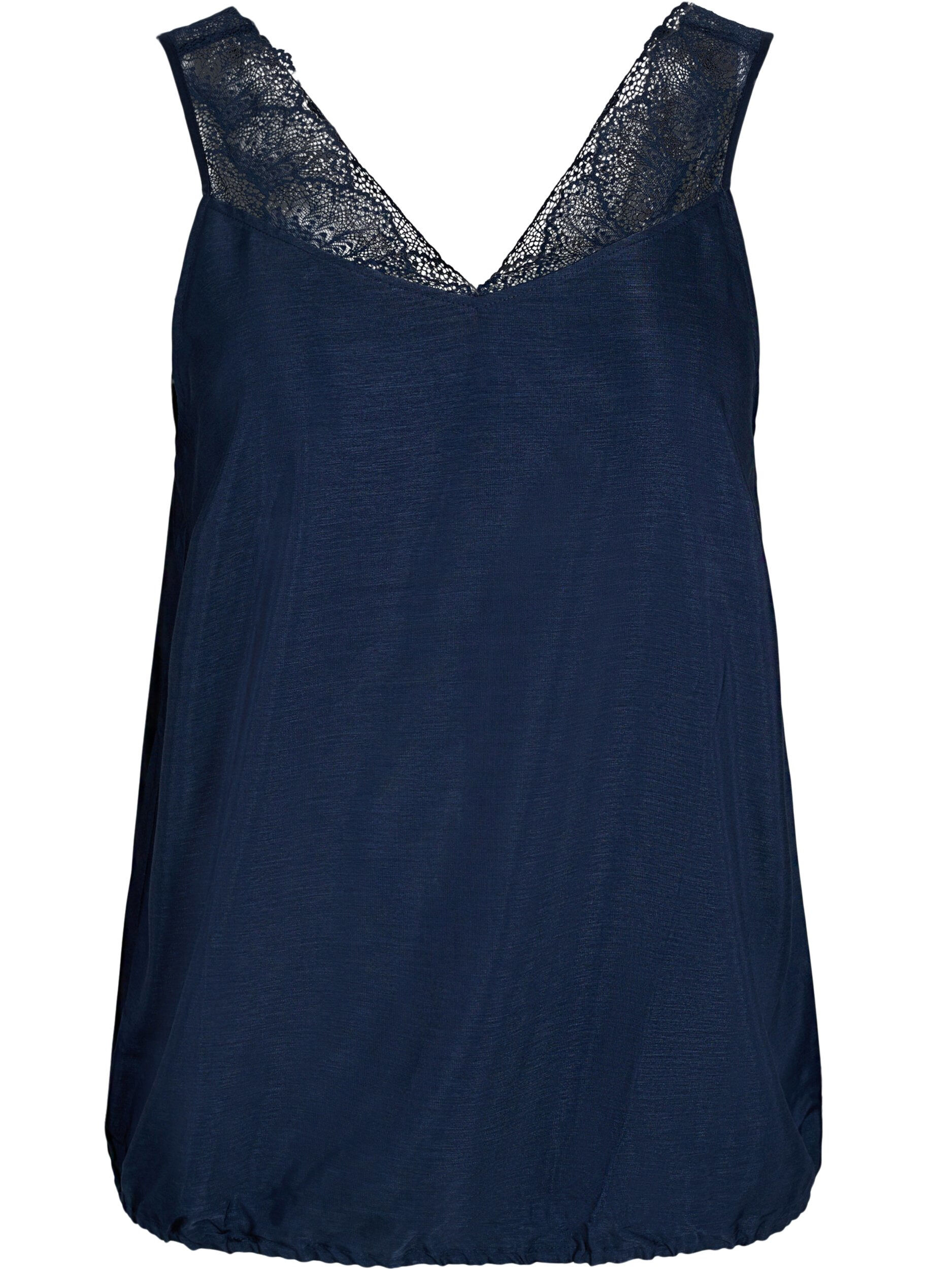 Zizzi Top with lace and an elasticated hem , Navy Blazer, Packshot image number 0