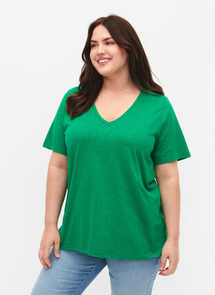 Podstawowa koszulka z krótkim rekawem i dekoltem w szpic, Jolly Green, Model image number 0
