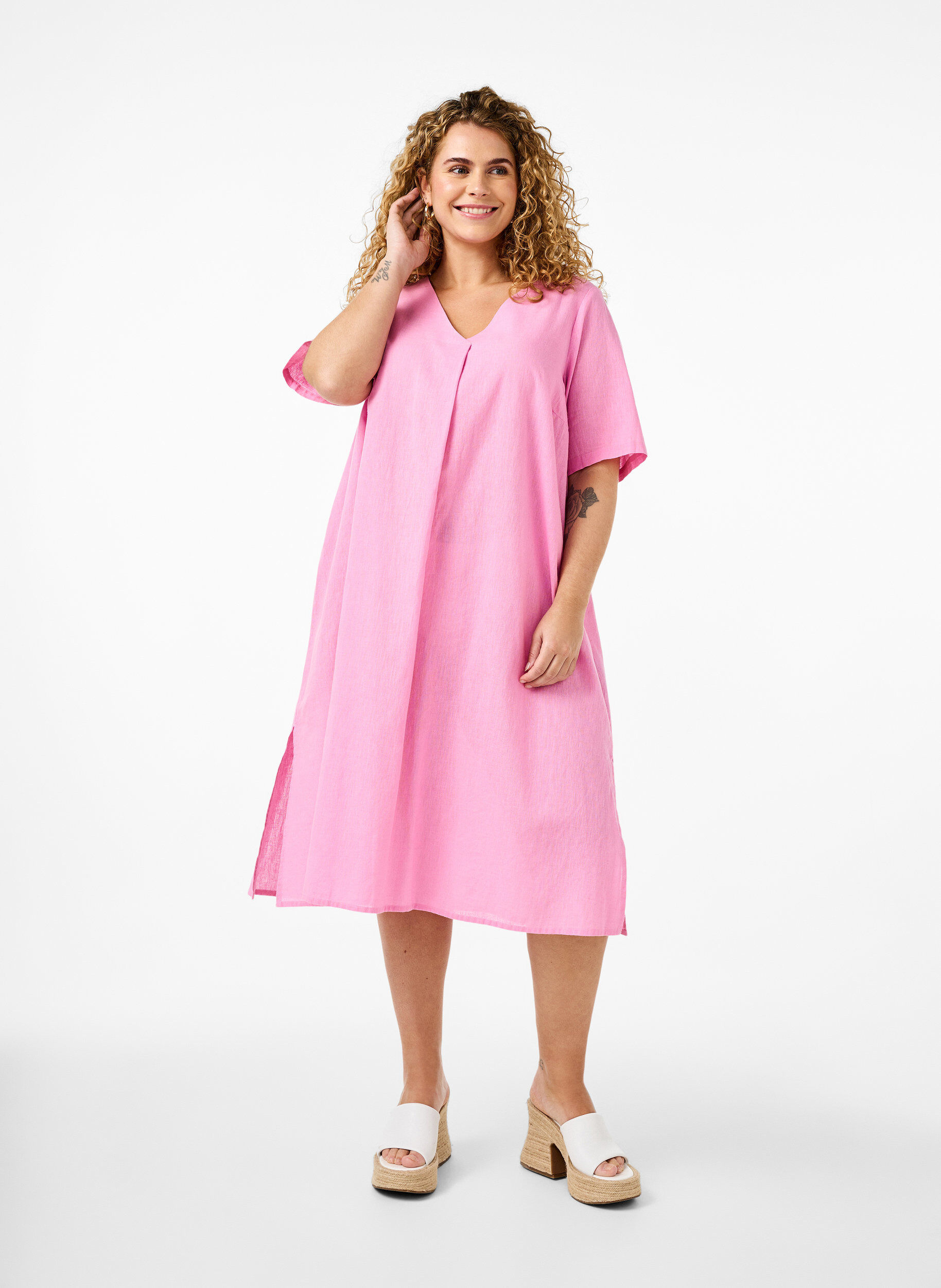 Zizzi Bawelniana sukienka typu kaftan z domieszka lnu, R&oacute;żowy, Model image number 0