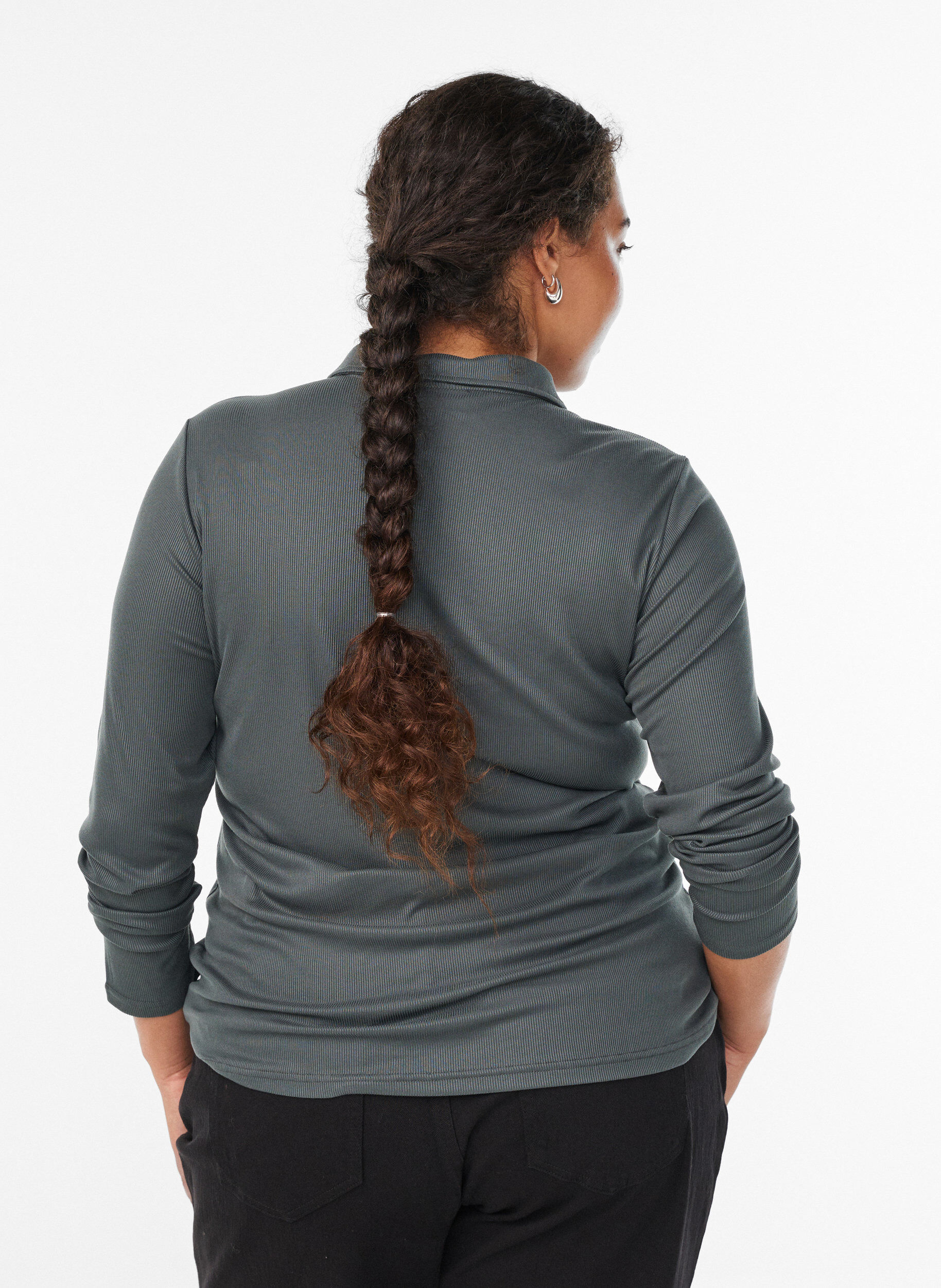 Zizzi Koszula polo z miekkiej, prazkowanej dzianiny z dlugim rekawem, Zielony, Model image number 2