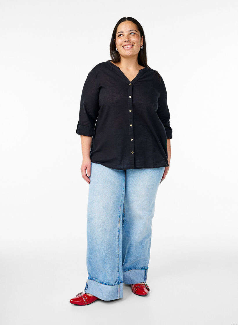 Bawelniana bluzka koszulowa z&nbsp;dekoltem w&nbsp;szpic, Czarne, Model image number 1