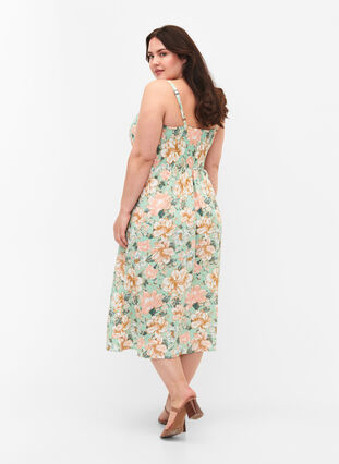 Marszczona wiskozowa sukienka w kwiaty, na ramiaczkach, Green Flower, Model image number 1
