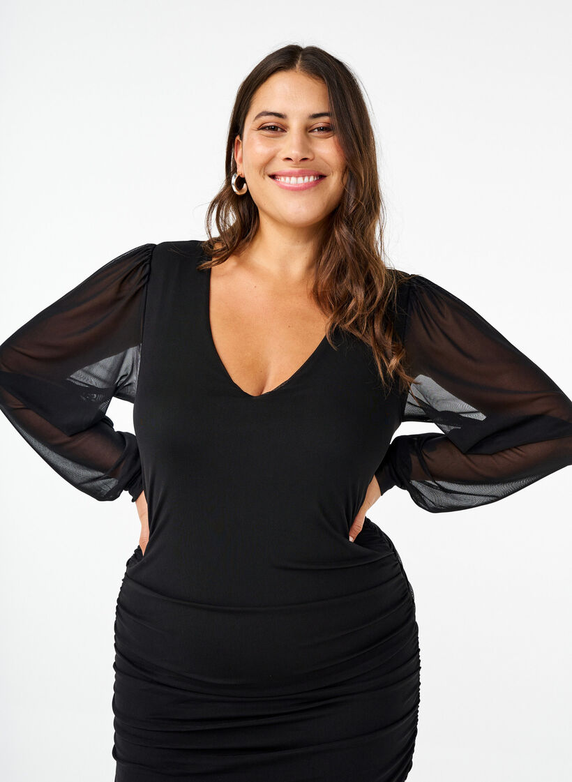 Sukienka midi z siateczka i drapowaniem, Black, Model image number 2