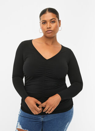 Bluzka z dekoltem w szpic i drapowaniami, Black, Model image number 0