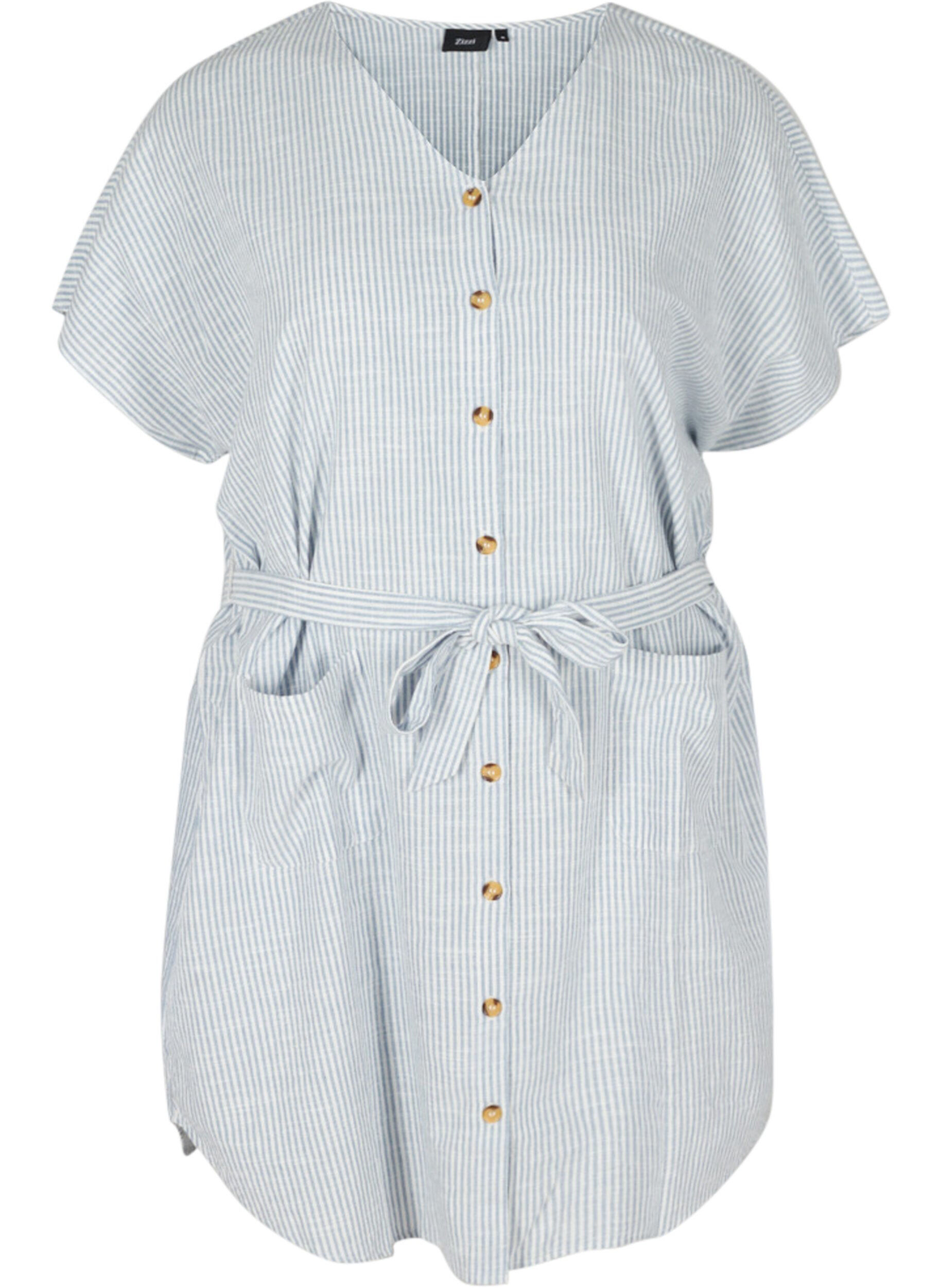 Zizzi Striped shirt dress in cotton with pockets, Country Blue Stripe, Packshot image number 0