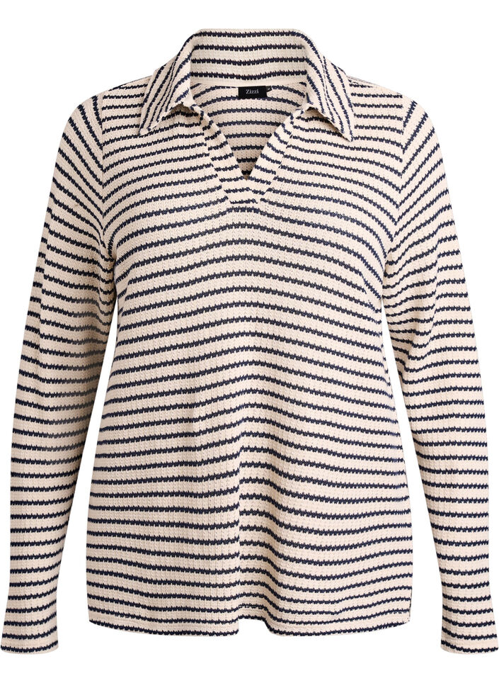 Dzianinowa bluzka w paski z kolnierzykiem i dekoltem V, Beżowy, Packshot image number 0