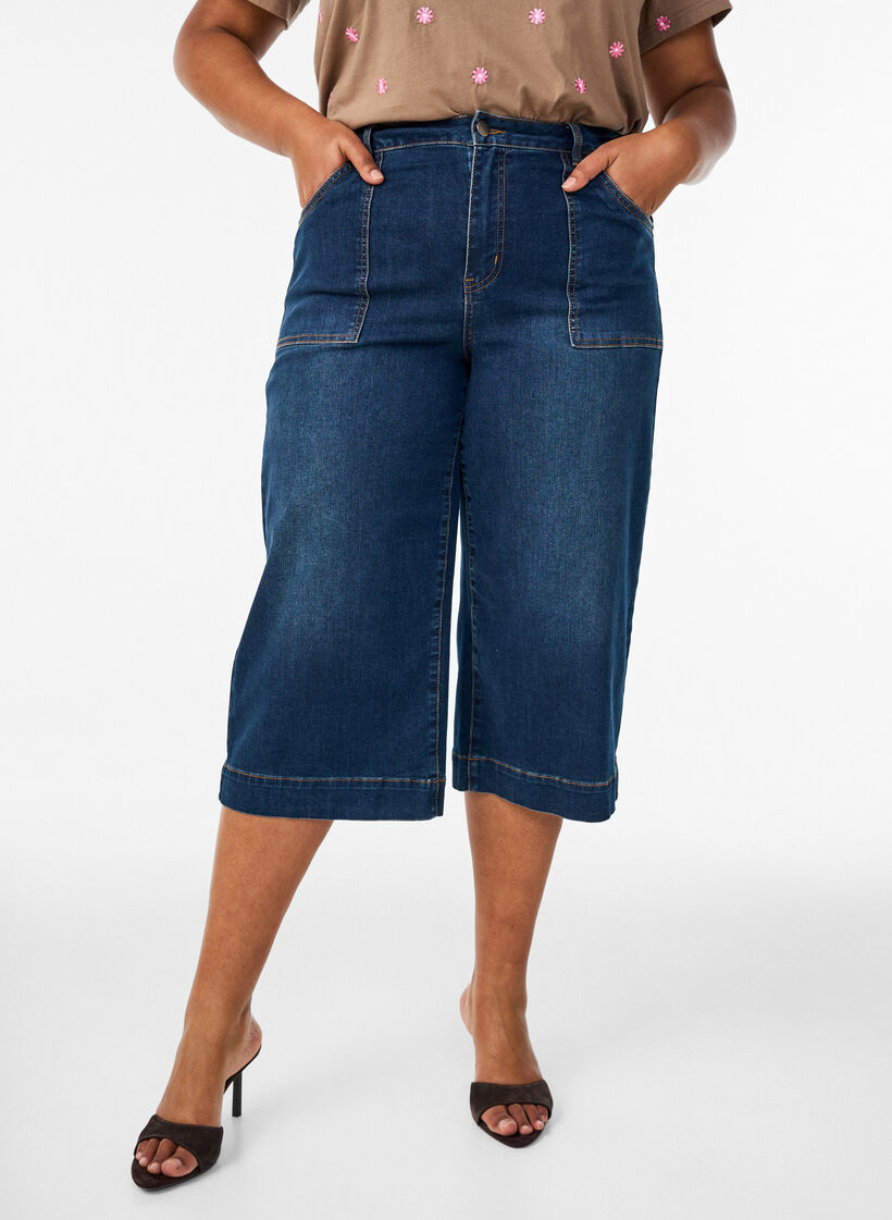 Dzinsowe spodnie 3/4&rsquo; z szerokimi nogawkami, Niebieskie, Model image number 0