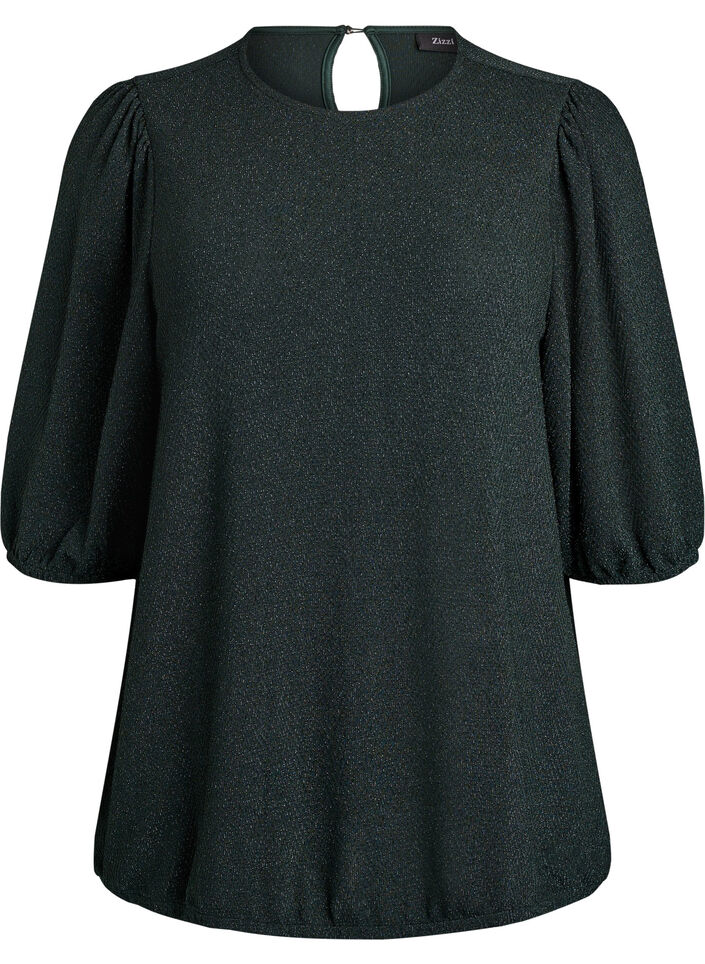 Bluzka z blyszczacym wzorem i rekawami 3/4, Zielony, Packshot image number 0