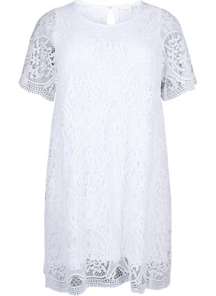 Koronkowa, imprezowa sukienka z krótkimi rekawami, Bright White, Packshot image number 0