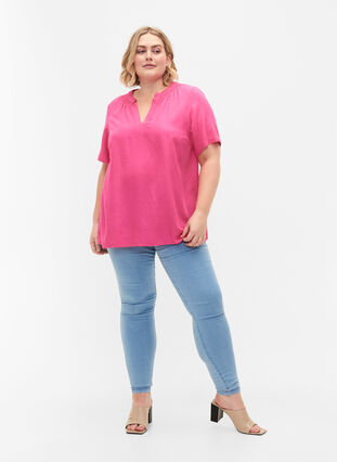 Wiskozowa bluzka z krótkimi rekawami i dekoltem w szpic, Shocking Pink, Model image number 2