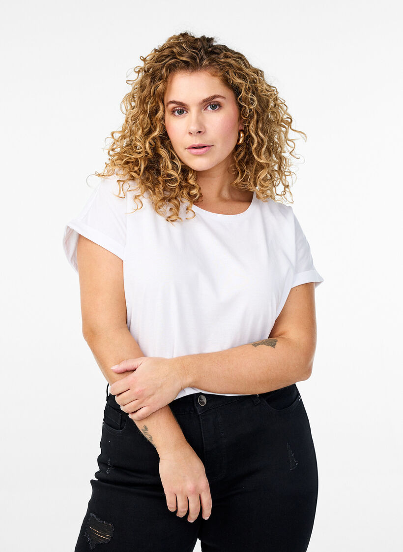 T-shirt z kr&oacute;tkim rekawem w mieszance bawelny, Biały, Model image number 0