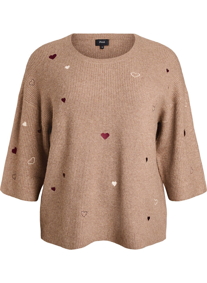 Sweter w serduszka z rekawami 3/4, Brązowy, Packshot image number 0