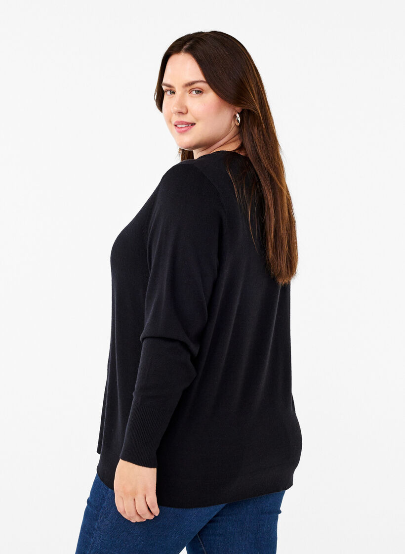 Dzianinowa bluzka z okraglym dekoltem, Czarne, Model image number 2