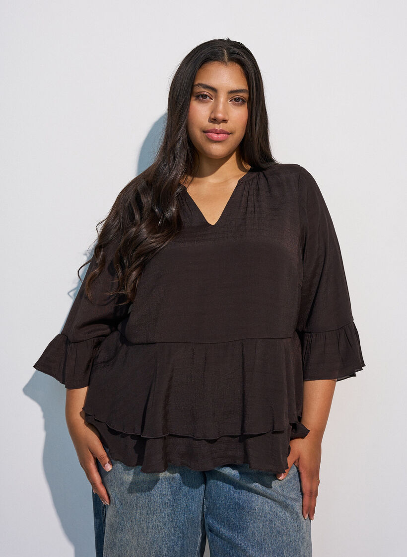 Bluzka z 3/4-sleeves i falbankami, Brązowy, Model image number 0