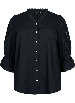 Strukturalna bluzka koszulowa z angielskim haftem, Black, Packshot image number 0