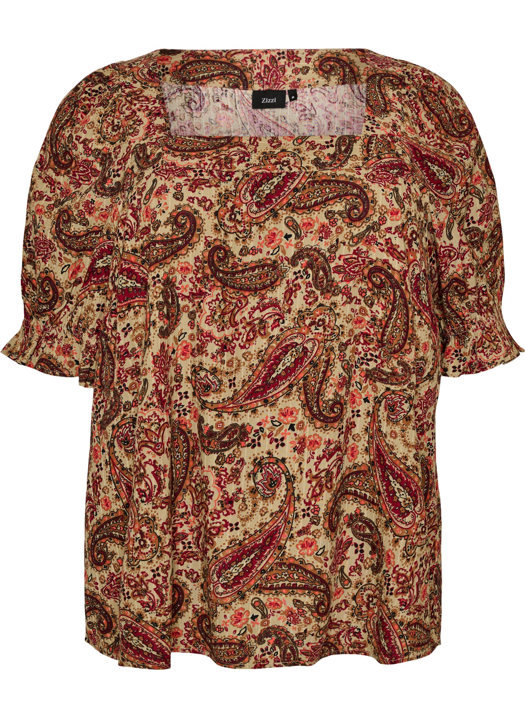ZizziBluzka z wiskozy z paisley nadrukiem i kwadratowym dekoltem, Brązowy, Packshot image number 0