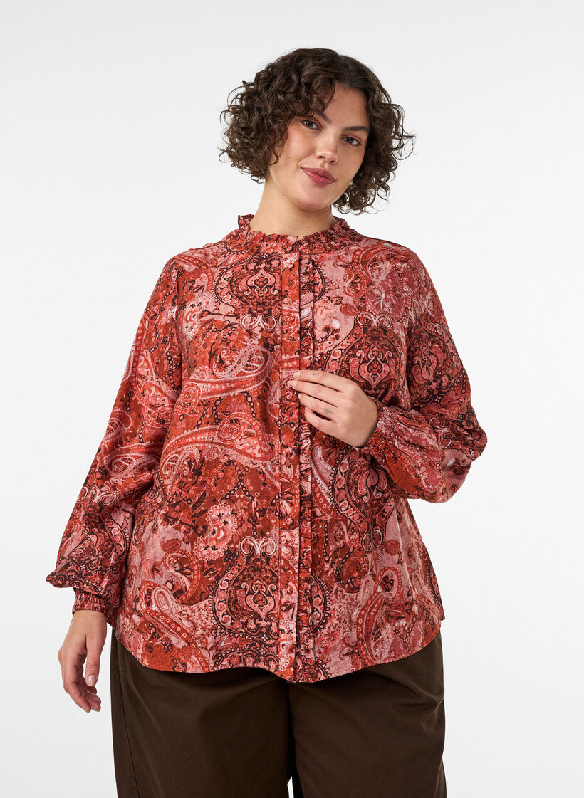 Wiskozowa bluzka we wz&oacute;r paisley i z falbankami, Pomarańczowy, Model image number 0