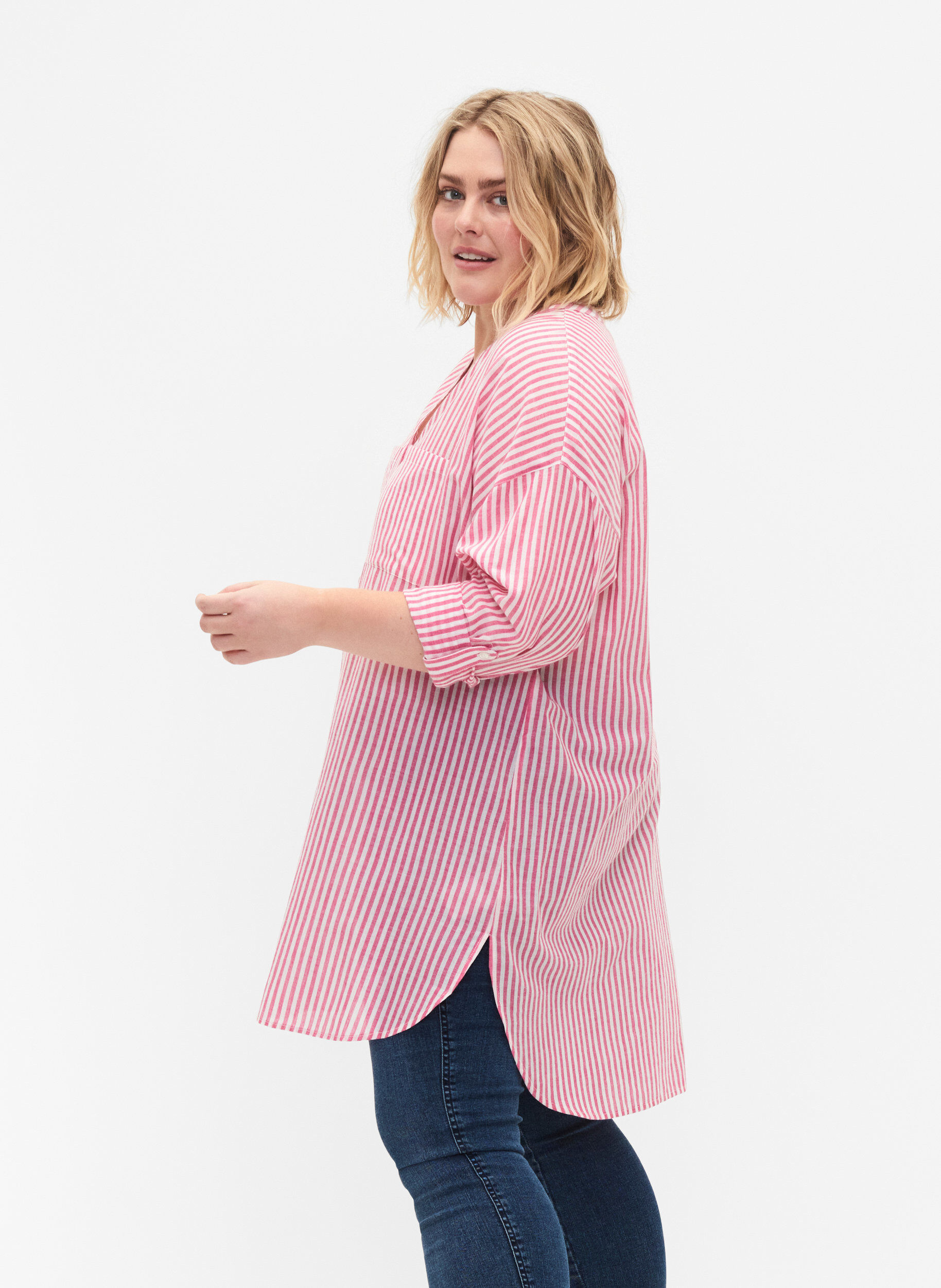 Zizzi Striped tunic with v neck and buttons, Beetroot Stripe, Model image number 2
