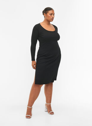 Dopasowana sukienka z dlugimi rekawami i rozcieciem, Black, Model image number 3