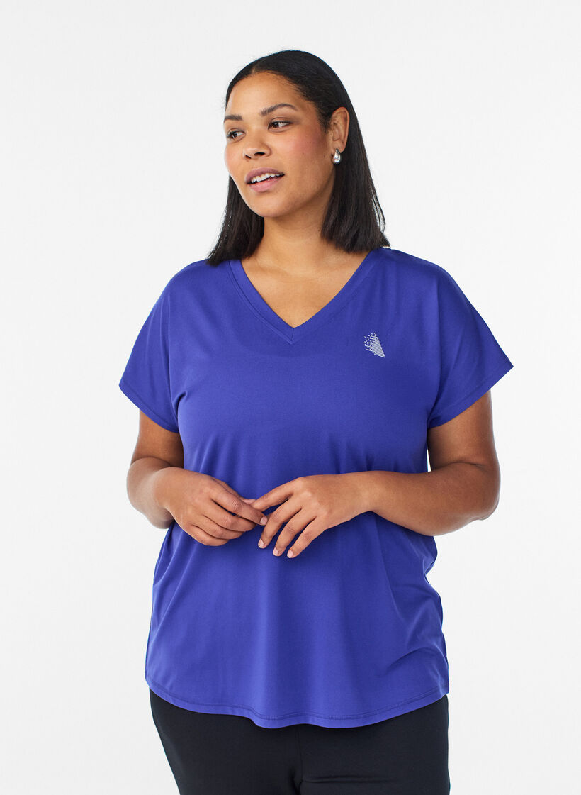 Luzna koszulka treningowa z dekoltem w szpic, Fioletowy, Model image number 0