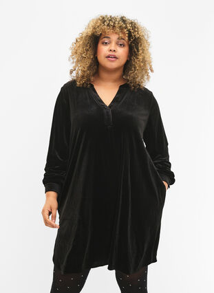  Welurowa sukienka z dlugim rekawem i dekoltem w szpic, Black, Model image number 0