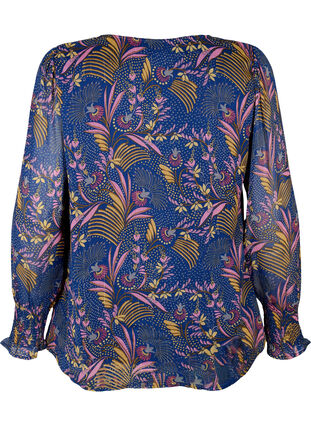 Bluzka w kwiaty z dlugimi rekawami i dekoltem w szpic, Blue w. Pink Leaf, Packshot image number 1