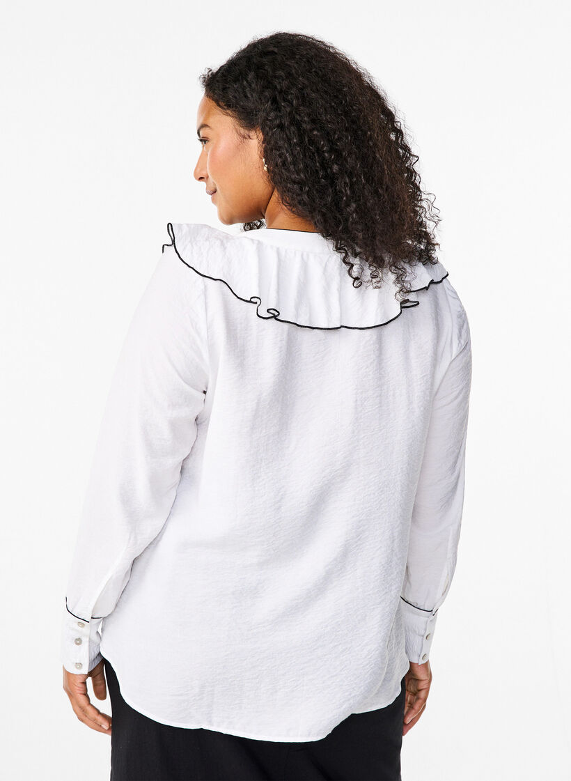 Bluzka koszulowa z wiskozy z dlugim rekawem i falbanka, Biały, Model image number 2