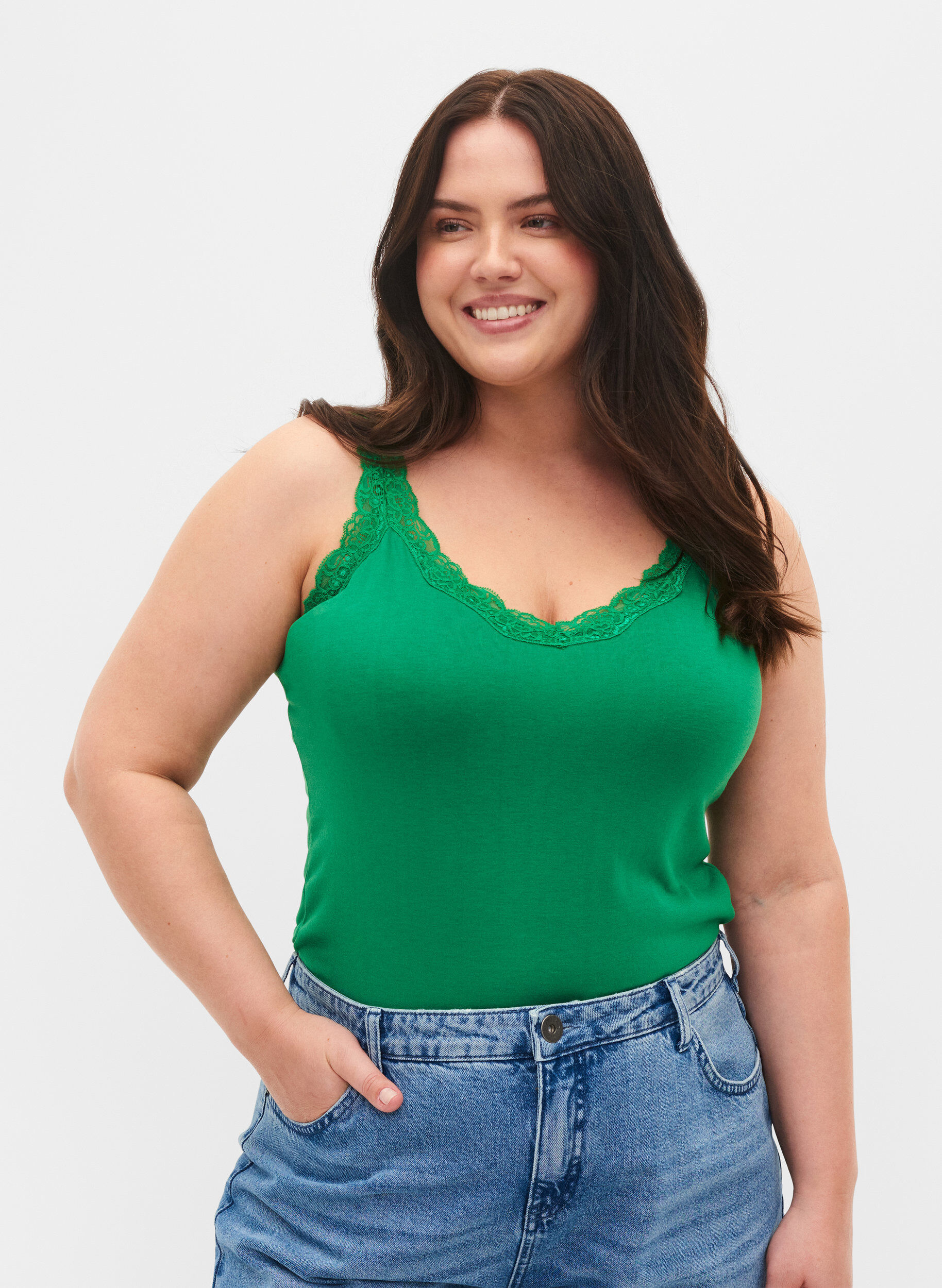 Zizzi 2-pack top with lace, Navy B/Jolly Green, Model image number 0